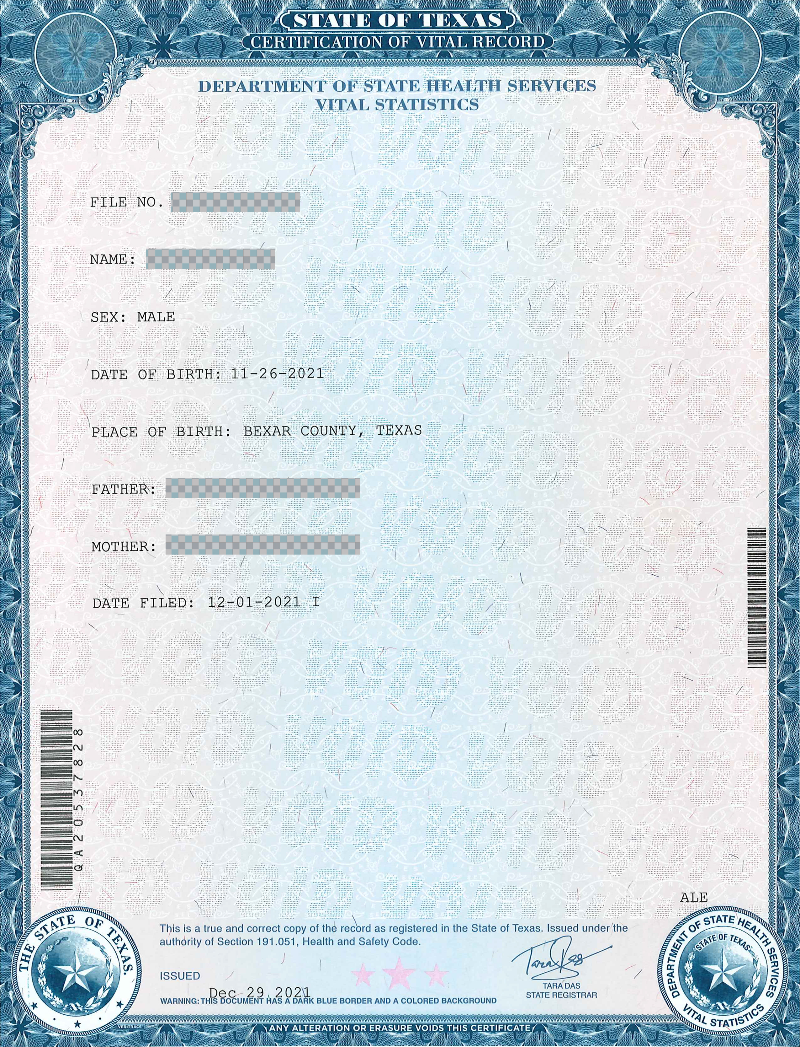 Texas Birth Certificate Short Form Scan